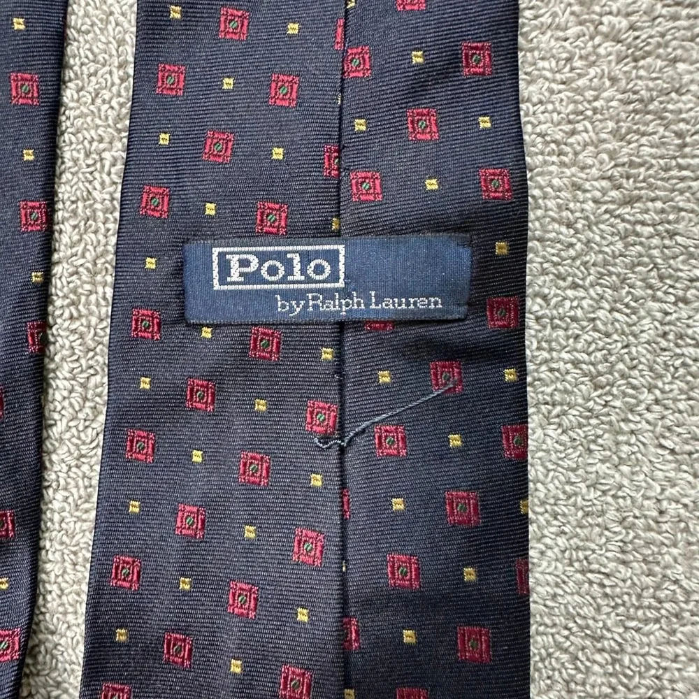 Polo Ralph Lauren Silk Tie Navy Blue Red Gold Geometric Medallion Hand Made